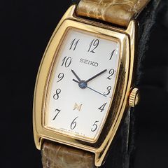 稼動】 SEIKO 腕時計 トノー型 レザーベルト レディース ゴールド 
