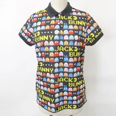 パーリーゲイツ PEARLY GATES ジャックバニー Jack Bunny!! パックマン コラボ バンダイ ゴルフ ポロシャツ 半袖 総柄 2021年モデル ロゴ 黒 ブラック マルチカラー 2