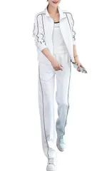 レディース ジャージ セットアップ 上下セット スポーツ ルームウェア カジュアル シンプル トレーニング ウェア 長袖 ウエストゴム 2カラー スウェット トレーニング 部屋着 パンツ トップス ストレッチ ライン 無地 白 黒 色 ブ [ホワイト] [L]