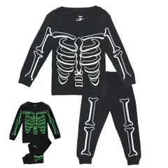 【迅速発送】KISBINI 子供服 男の子 光るパジャマ 長袖 キッズ 仮装 コスプレ ハロウィン ボーイズ スウェット 上下セット 春秋冬 カッコイイ 人気 骨柄 130 120 110 100