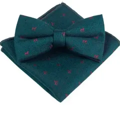 蝶ネクタイ　ポケットチーフ　2点セット　ハンカチ　結婚式　発表会　パーティー　イベント　卒業式　入学式　入社式　ダンスパーティー　グリーン色　アニマル柄　ドック柄　レッド色　スーツ　ワイシャツ　格安　小物　ワンタッチネクタイ