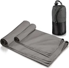 NOMAW 速乾タオル 登山 スポーツタオル 超軽量 コンパクト 吸水速乾タオル マイクロファイバータオル バスタオル ミニバスタオル フェイスタオル アウトドア 旅行 収納袋付き(グレー,  MLセット)