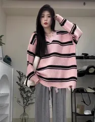 セーター プルオーバー 透かし編み ボーダー ダメージ カットオフ [911]