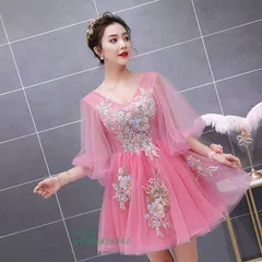 カラードレス レディース ショート ワンピース 公演 パーティードレス ダンスウェア 洋服 コスチューム チュール 花柄 発表会 五分袖 プリンセス 舞台衣装  vii3x836341