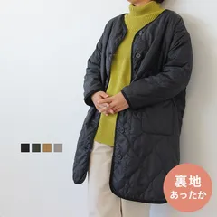 送料無料 中綿キルト 裏フリース ロングブルゾン レディース ライトアウター キルティングコート  キルティングジャケット ノーカラー 起毛 長袖 軽い 冬 防寒