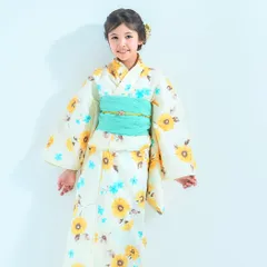 【2点セット】キッズ 子供 浴衣 しわへこ 帯とセット ひまわり 110〜150cm OY2-1