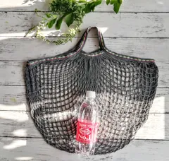 ネットバッグ　グレー　刺繍の飾り　マルシェバッグ　メッシュバッグ　エコバッグ　あみあみバッグ　ハンドメイドのサムネイル