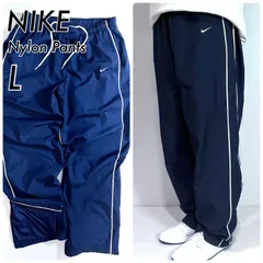 00s NIKE ナイキ ワンポイント スウッシュ刺繍ロゴ パイピング サイドライン ポリライナー ワイドバギー ナイロンパンツ トラックパンツ メンズ トレーニングパンツ シャカパン L ネイビー ホワイト 紺 NAVY Y2K v24123048