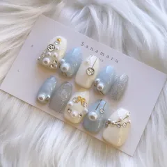 【現品】 91 ネイルチップ クリスマスネイル 冬ネイル ホワイト ライトブルー