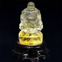 開運 天然水晶 観音像 手掘り彫刻 仏像 K24金箔装飾付き 夜光石と龍