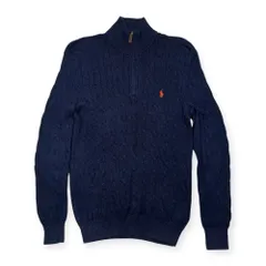 シルク100% POLO RALPH LAUREN ポロ ラルフローレン ケーブル編み ハイネック ハーフジップ ニットセーター S/170/92A /ネイビーブルー
