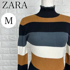 ザラ ZARA Mサイズ ハイネック ボーダーリブニット 長袖 プルオーバー 秋冬 ブラック ブラウン 【A2268-00】