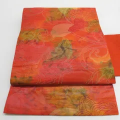 名古屋帯 花唐草文様 正絹 橙色 九寸帯 六通柄 仕立て上がり カジュアル 着物帯 長さ360cm