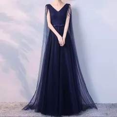 肩からのビジューにチュールがオシャレなVネック ロングドレス