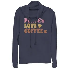 【送料無料】 アンブランデッド レディース Tシャツ トップス Women's Plus Peace Love And Coffee Cowlneck Graphic Lightweight Long Sleeve Navy