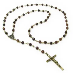 【特価セール】ネックレス ロザリオネックレス シンプル系 アンティークゴールドカラー KN37031 (ビーズカラー：ブラウン)