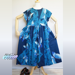 浴衣リメイク ギャザーワンピース 濃紺 蝶柄 フレンチスリーブ 綿 | Yukata Remake Dress Navy Blue Butterfly French Sleeves Cotton #2505-026