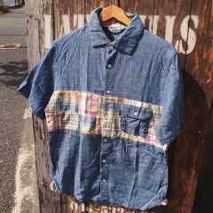 【H.R.REMAKE / Hollywood Ranch Market】HRリメイク ハリウッドランチマーケット ハリラン シャンブレ パッチワーク 半袖 ワークシャツ 2(M)