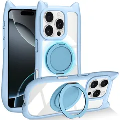 【特価セール】iPhone 15 Pro 専用 ケース クリア カバー ハイブリッド 猫耳 ネコミミ 背面ガラス クリア かわいい おしゃれ ストラップホール アイフォン 15 Pro スマホケース 多機能 全面保護 落下防止（ブルー）