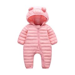 ☆ ピンク ☆ 80cm ☆ ベビージャンパースーツ 長袖カバーオール ジャンプスーツ カバーオール 長袖 ベビー ロンパース 防寒着 ダウンジャケット 前開き 熊耳 クマ耳 くま耳 フード付き フード 軽量 軽い ふわふわ 暖かい 子供服 子供用 子ども用