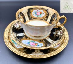 【希少】オールドノリタケ 里帰り 金彩×黒地ジュエルの豪華装飾！アンティーク トリオ（カップ＆ソーサー＆プレート） 明治期T004