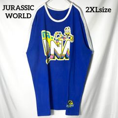 【JURASSIC WORLD】ジュラシックワールド　ジュラシックパーク　ムービーT 映画　キャラクター　Mr.DNA 恐竜　プリントロゴ　リンガーT 袖ライン　オーバーサイズ　半袖Tシャツ　ブルー　2XL US古着