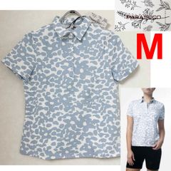 新品 M ★ コストコ PARASUCO レディース 半袖 ポロシャツ 総柄 ブルー ホワイト コットン 綿 パラスコ シンプル 定番 ベーシック 伸縮 ストレッチ 襟付き シャツ 水色 青 白