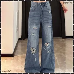 ダメージデニムパンツ ワイドレッグデニム レディース ハイウエスト ロングパンツ ウォッシュ加工 ストレートパンツ 着やせ 韓国風ジーパン ゆったり ボトムス脚長 カジュアルジーンズ ユーズド加工デニム 体型カバー レトロ