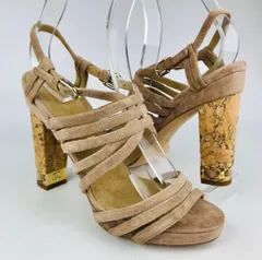 CHANEL・シャネル★レディース スエードレザー ストラップ メタルココマーク チェーンデザイン チャンキーヒール サンダル (36 1/2) ブランド イタリア製 レディース 靴 ベージュ コルク 太ヒール