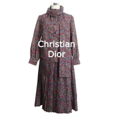 美品 Christian Dior クリスチャンディオール 花柄 総柄 ボウタイ バンドカラー 長袖 シャツ ブラウス× ロング ミモレ プリーツスカート セットアップ 上下 マルチカラー レディース