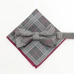 蝶ネクタイ　チーフ　セット　グレー　レッドライン　結婚式　新郎新婦　タキシード