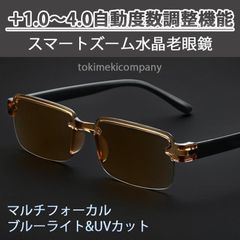 ＋1.0～＋4.0 自動調整 スマートズーム 水晶 老眼鏡 累進多焦点 遠近両用 ブルーライトカット リムレス 黒茶 40代 50代 60代 男性用 女性用