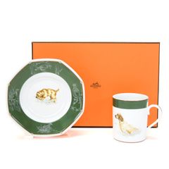 エルメス HERMES イングリッシュセッター マグカップ ＆ ソーサー セット ポーセリン (陶磁器) 犬 ドッグ カップ コップ 食器 皿 レディース メンズ ホワイト / グリーン 正規品 中古 mbm07002