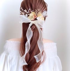 クリーム イエロー オーガンジーリボン 紫陽花 かすみ草 ヘアアクセサリー