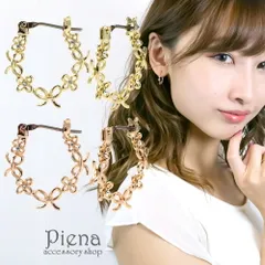 フープピアス レディース 1本のワイヤーをリボンとお花モチーフのリングに スワロフスキーをフラワーの中央に配してきらめきプラス リング 金属アレルギー対応 チタン製ポスト ゴールド ピンクゴールド 日本製 メール便 送料無料 春夏秋冬 大人気