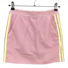 【美品】アディダス スカート ピンク×イエロー 凹凸生地 サイド3ライン 内側インナーパンツ レディース M ゴルフウェア adidas