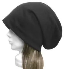 ◇送料無料◇　ハンドメイド◆ロングルーズワッチキャップ◆変り織ハーフリネンニット／ブラック　◇ゆったりサイズ・小顔効果・オールシーズン着用◇