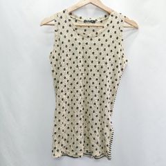 ◇ pas de calais パドカレ ドット 水玉 ボーダー 麻100％ ノースリーブ カットソー サイズS ベージュ系 レディース E  【1407020057356】