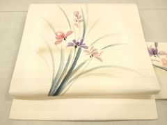 名古屋帯】夏帯 絽塩瀬 洗える 白色系 卯の花色に水色の菖蒲 薄物 盛夏 