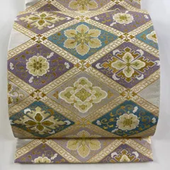 正絹　博多織　全通名古屋帯《大輪の花唐草》 銀座【H-0527】西陣製 夏 織名古屋帯 深い憲法色 花唐草文（証紙付