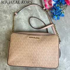 ✨良品✨ MICHEAL KORS マイケルコース カメラバッグ  ショルダーバッグ トートバッグ ロゴ金具 総柄 ゴールドチェーン  ロゴ型押し PVCレザー 肩掛け 斜め掛け ベージュ 肌色 ピンク 桃色