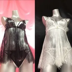 セクシーランジェリー ベビードール 前開き シースルー 紐Tショーツ 白黒2着セット