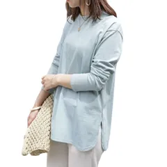 ☆ ブルーグレー ☆ M ☆ 長袖Tシャツ クルーネック レディース 体型カバー seh9168 長袖 Tシャツ レディース カットソー ロンT ロングTシャツ トップス 無地 シンプル 後ろが長い 重ね着 綿 USAコットン オーバーサイズ クルーネック