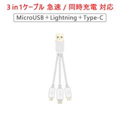 22cmショートタイプ 2本セット 3in1ケーブル Lightning Type-C MicroUSB ケーブル 急速充電 同時充電対応 スマホ タッチパネル#$