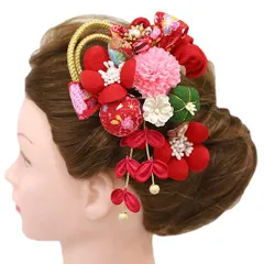 髪飾り 成人式 赤 振袖 前撮り 袴 花 2点セット ピンク 薄ピンク 緑 ゴールド ちりめん 玉飾り リボン 組紐 下がり ゆらゆら No.12-0034
