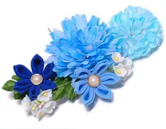 髪飾り 成人式 つまみ細工 水色 振袖 袴 花 青 白 ちりめん 大きい 小さい 3点セット 着物 和装 Uピン 大人 かわいい 日本製 お No.9-3753