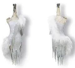 ラテンワンピースドレス　社交ダンス衣装 羽毛 ホワイトオーダーメイド