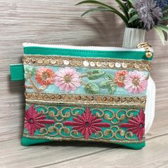 インド刺繍リボン マルチポーチ フラットポーチ 左ファスナー 1点物