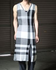 slit design monotone plaid sleeveless long knit top モノトーン チェック柄 スリット ノースリーブ ロング ニット 80s 90s