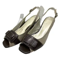 【極美品】リズラフィーネ (22.5) パンプス ストラップ オープントゥ バックル ウェッジソール 本革 レザー 希少デザイン